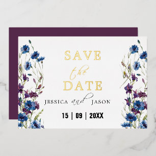 Dusty Royal Blue Purple Bloom Floral Save The Date Foil Invitation