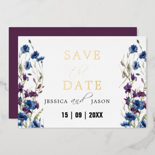 Dusty Royal Blue Purple Bloom Floral Save The Date Foil Invitation