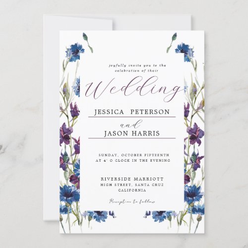 Dusty Royal Blue Purple Bloom Floral Wedding Invit Invitation
