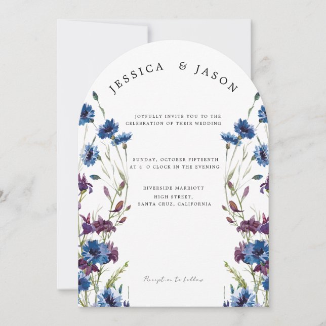 Dusty Royal Blue Purple Bloom Floral Wedding Invitation (Front)