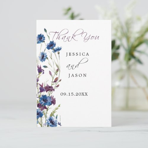 Dusty Royal Blue Purple Bloom Wedding  Thank You Card