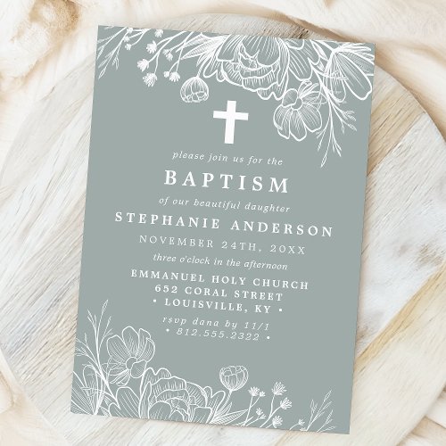 Dusty Sage And White Floral Baptism Invitation