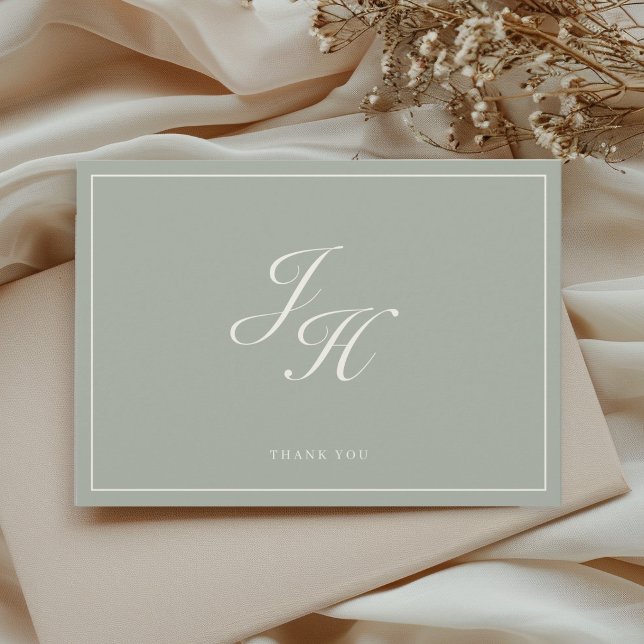 Dusty Sage Classic Monogram Wedding Flat Thank You Card (Creator Uploaded)