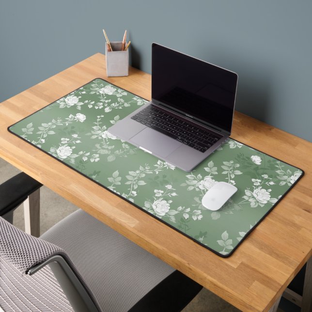 Dusty Sage Floral Green Flower Greenery Pattern Desk Mat (Office 2)