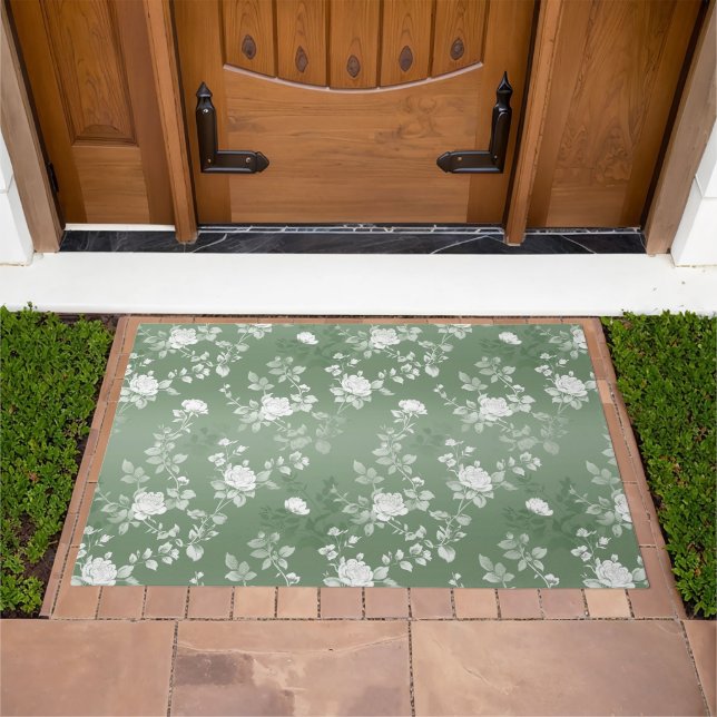 Dusty Sage Floral Green Flower Greenery Pattern Doormat (Outdoor)