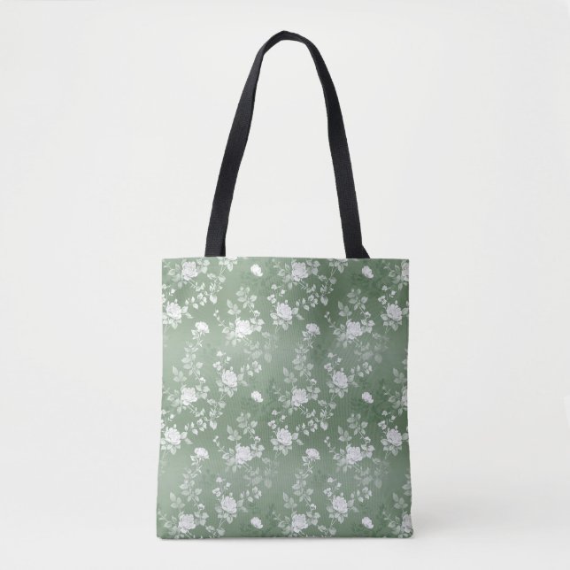 Dusty Sage Floral Green Flower Greenery Pattern Tote Bag (Front)