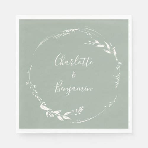 Dusty Sage Floral Wreath Calligraphy Monogrammed Napkins