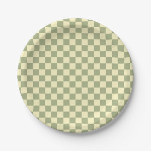 Dusty Sage Green and Butter Yellow Checkerboard Paper Plates