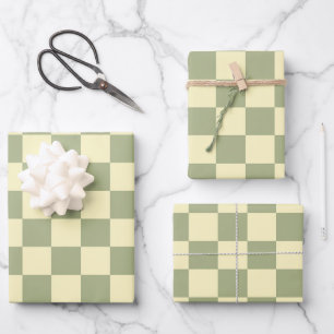 Dusty Sage Green and Butter Yellow Checkerboard Wrapping Paper Sheets
