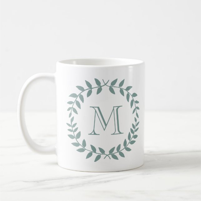 Dusty Sage Green Botanical Wreath Elegant Monogram Coffee Mug (Left)