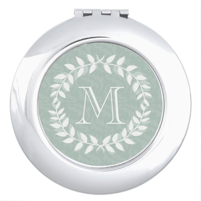 Dusty Sage Green Botanical Wreath Elegant Monogram Compact Mirror (Front)
