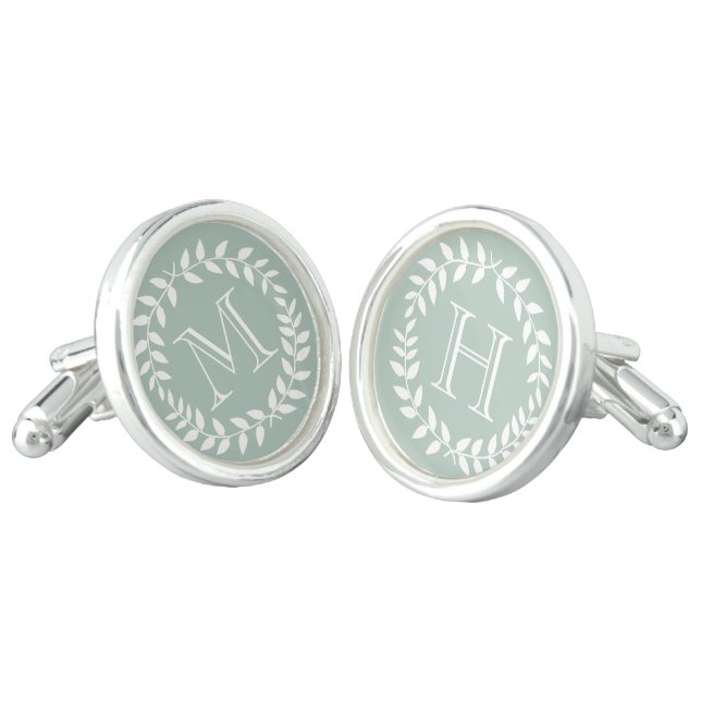 Dusty Sage Green Botanical Wreath Elegant Monogram Cufflinks (Angled)