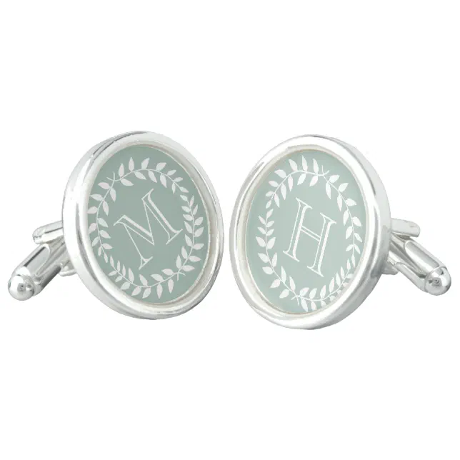 Dusty Sage Green Botanical Wreath Elegant Monogram Cufflinks | Zazzle