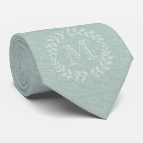 Dusty Sage Green Botanical Wreath Elegant Monogram Neck Tie