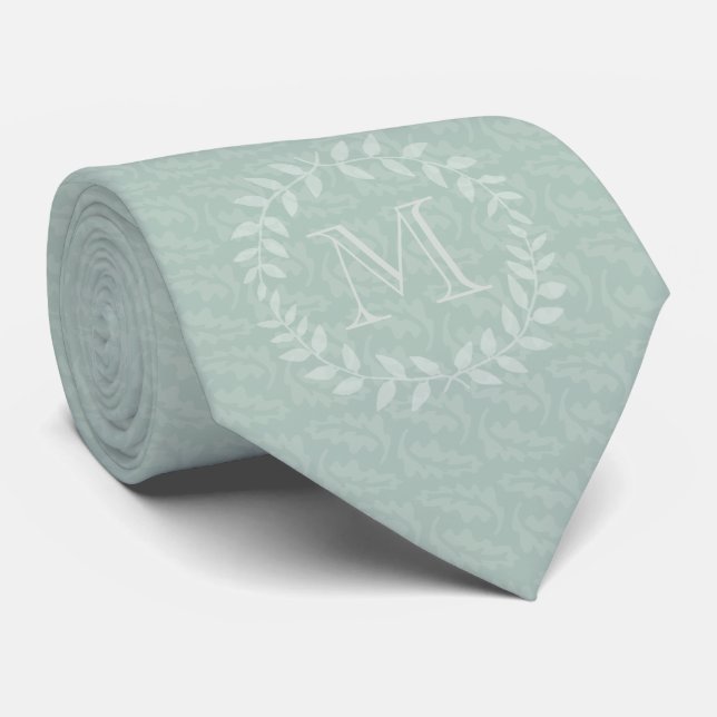 Dusty Sage Green Botanical Wreath Elegant Monogram Neck Tie (Rolled)