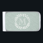 Dusty Sage Green Botanical Wreath Elegant Monogram Silver Finish Money Clip<br><div class="desc">Accessorize your cash in style with a personalized monogrammed money clip. Design features modern laurel wreath leaves and stylish typography initial. Monogram in center is simple to customize. Makes an elegant groom and groomsmen keepsake gift idea and compliments chic wedding greenery.</div>