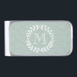 Dusty Sage Green Botanical Wreath Elegant Monogram Silver Finish Money Clip<br><div class="desc">Accessorize your cash in style with a personalized monogrammed money clip. Design features modern laurel wreath leaves and stylish typography initial. Monogram in center is simple to customize. Makes an elegant groom and groomsmen keepsake gift idea and compliments chic wedding greenery.</div>