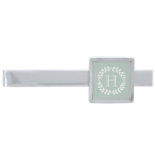 Dusty Sage Green Botanical Wreath Elegant Monogram Silver Finish Tie Bar