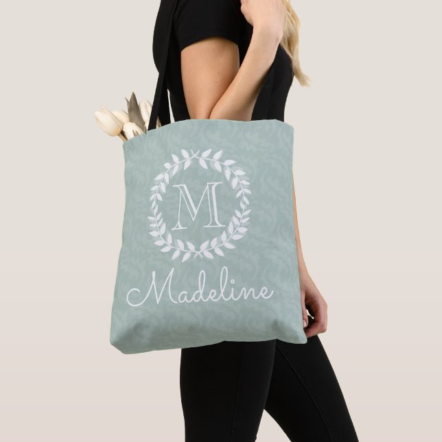 Dusty Sage Green Botanical Wreath Elegant Monogram Tote Bag (Close Up)