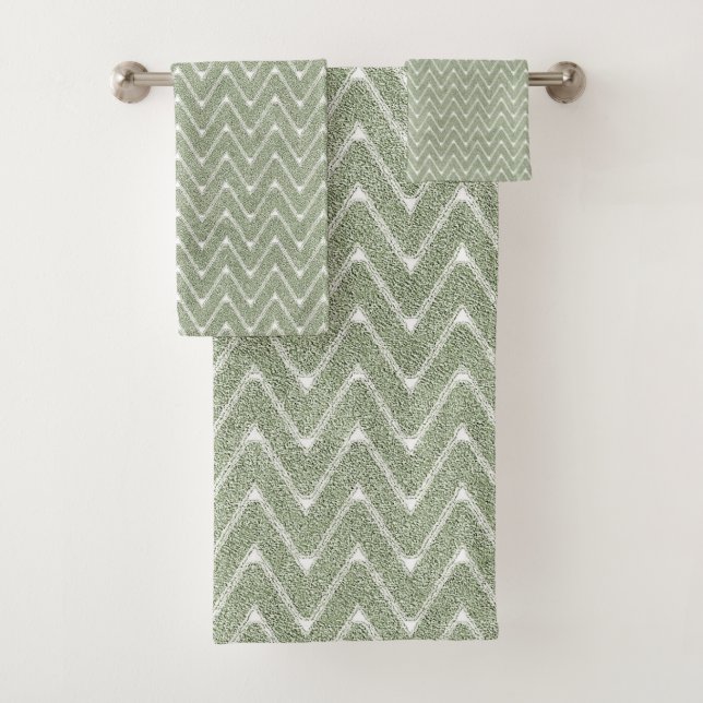 Dusty Sage Green Chevron Pattern Bath Towel Set (Insitu)