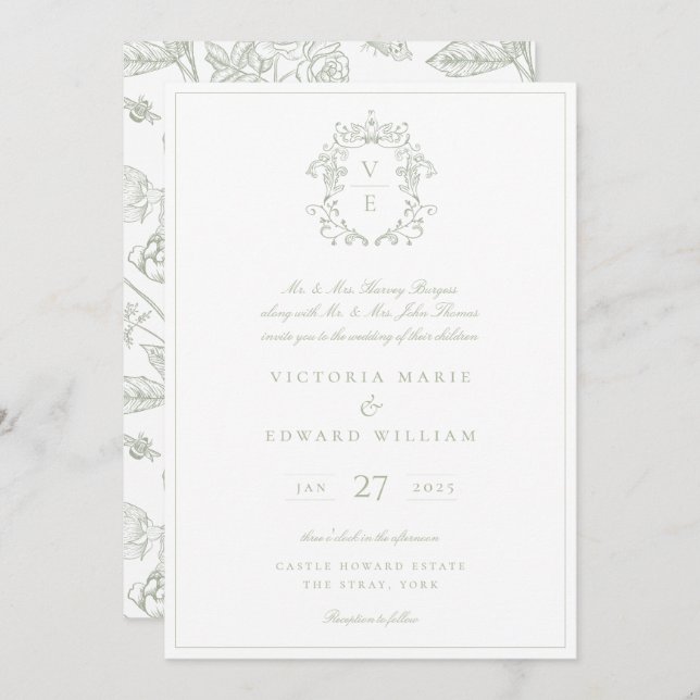 Dusty Sage Green Crest Monogram Wedding Invitation (Front/Back)
