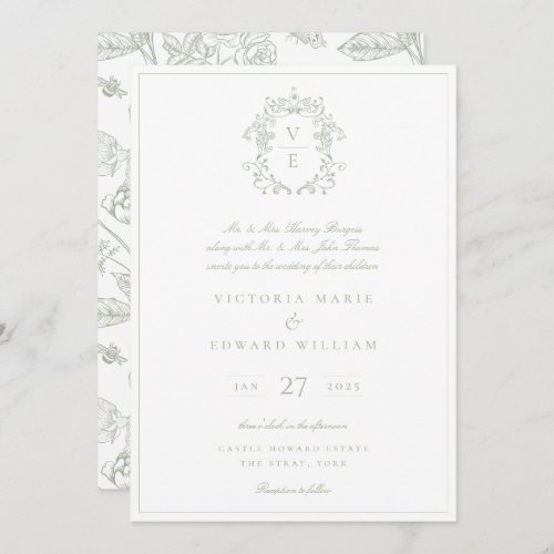 Dusty Sage Green Crest Monogram Wedding Invitation