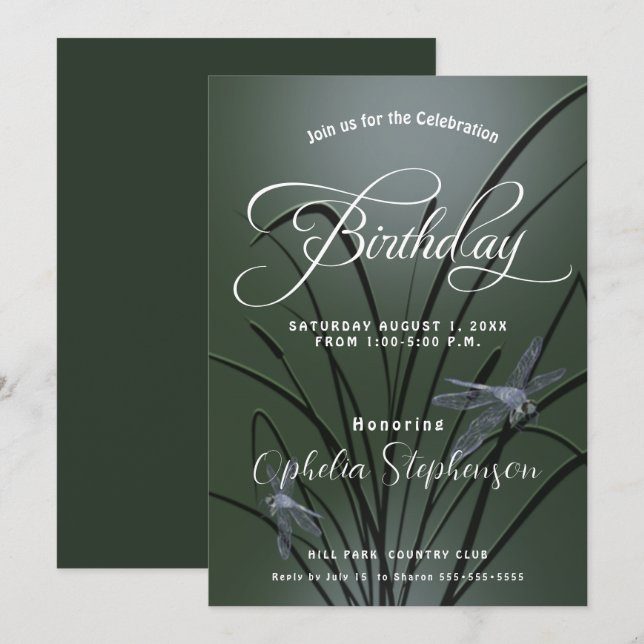 Dusty Sage Green Dragonfly Birthday Invitation (Front/Back)