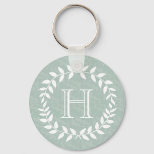 Dusty Sage Green Elegant Monogram Botanical Wreath Keychain