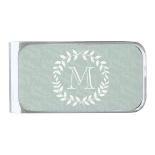 Dusty Sage Green Elegant Monogrammed Wreath Silver Finish Money Clip