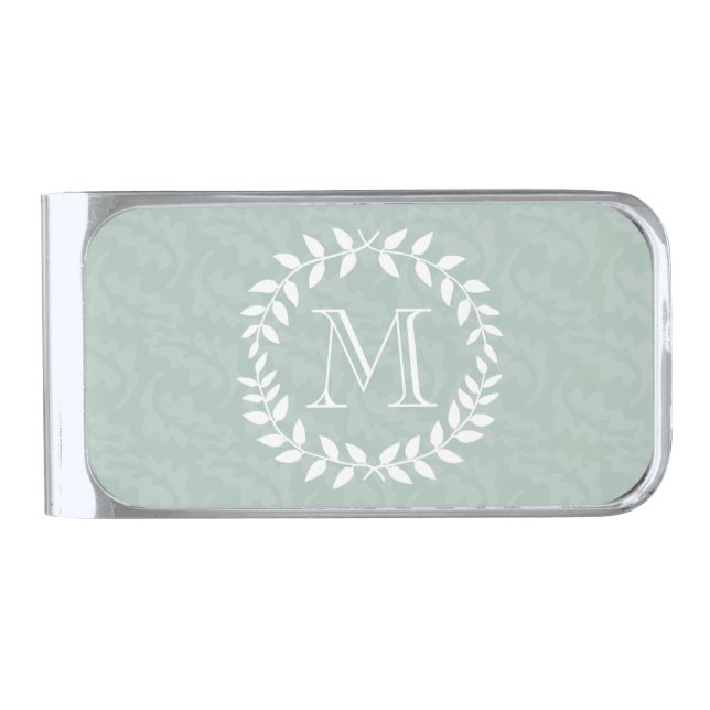 Dusty Sage Green Elegant Monogrammed Wreath Silver Finish Money Clip (Front)