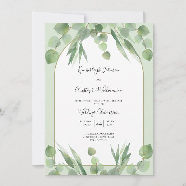 Dusty Sage Green Eucalyptus Geometric Arch Wedding Invitation (Front)
