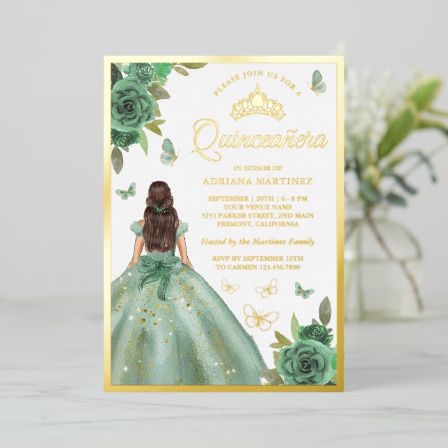 Dusty Sage Green Floral Butterfly Quinceanera Gold Foil Invitation | Zazzle