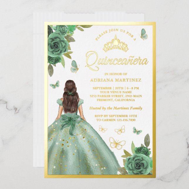 Dusty Sage Green Floral Butterfly Quinceanera Gold Foil Invitation | Zazzle