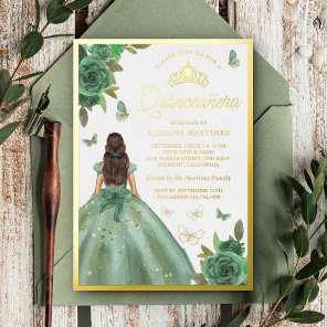 Dusty Sage Green Floral Butterfly Quinceanera Gold Foil Invitation