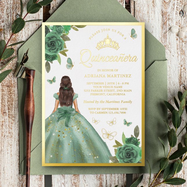 Dusty Sage Green Floral Butterfly Quinceanera Gold Foil Invitation (Creator Uploaded)