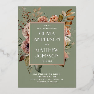 Dusty Sage Green Floral Wedding   Garden Gold Foil Invitation