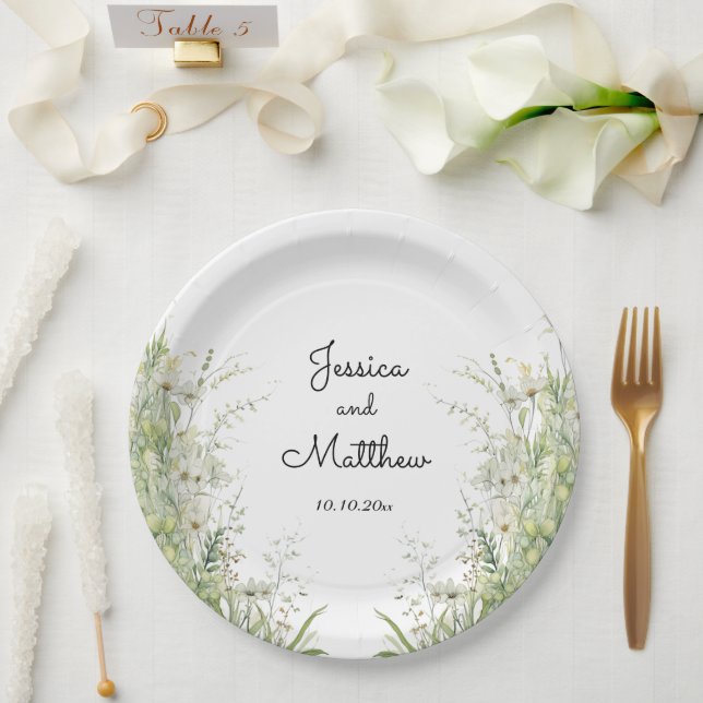 Dusty Sage Green Flowers Wedding Paper Plates (Wedding)