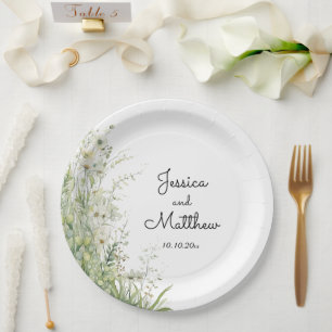 Dusty Sage Green Flowers Wedding Paper Plates