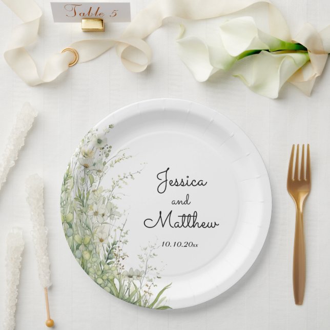 Dusty Sage Green Flowers Wedding Paper Plates (Wedding)