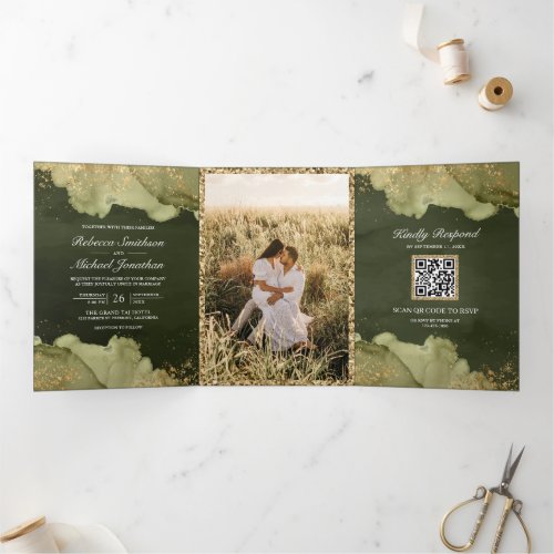 Dusty Sage Green Gold Abstract Ink QR Code Wedding Tri_Fold Invitation