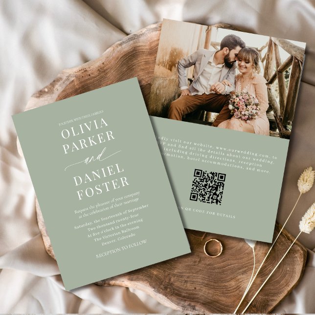 Dusty Sage Green QR Code Photo Wedding Invitation (Creator Uploaded)