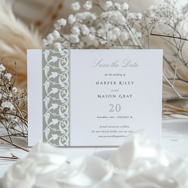 Dusty Sage Green Save the Date Rabbit Scrollwork Invitation (Creator Uploaded)