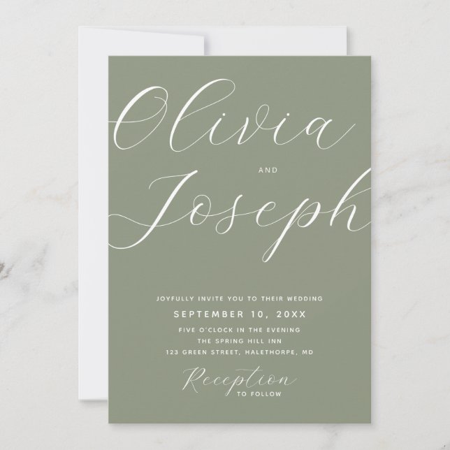 Dusty Sage Green Script Wedding with Photo + QR Invitation (Front)