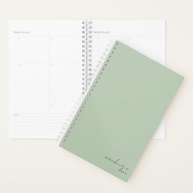 Dusty Sage Green Simple Minimalist Personalized Planner (Display)