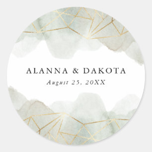 Dusty Sage Green Watercolor Gold Geometric Wedding Classic Round Sticker