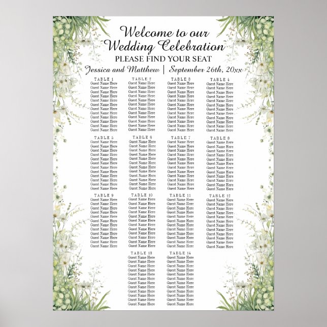 Dusty Sage Green Wedding 14 Tables Wedding Seating Poster (Front)
