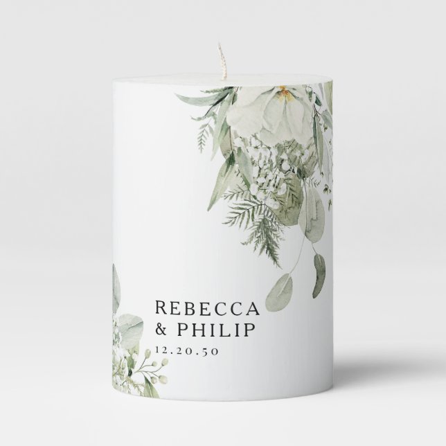 Dusty Sage Green Wedding Pillar Candle (Front)