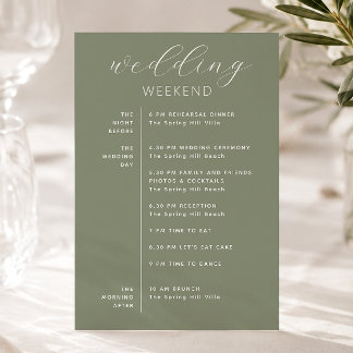 Dusty Sage Green Woodland Wedding Weekend Timeline Invitation