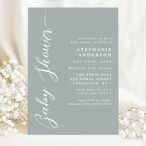 Dusty Sage Simple Modern Script Baby Shower Invitation