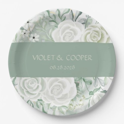 Dusty Sage Watercolor Florals Wedding Paper Plates